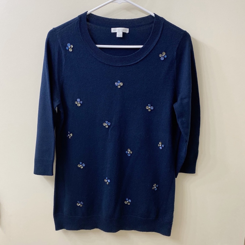 New York & Co: Navy Sweater w/ Jewels